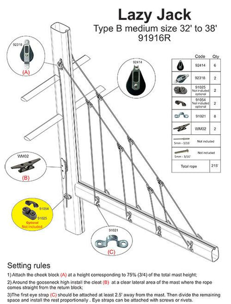 002RFS-  LAZY JACK SYSTEM B - MEDIUM SIZE- WITH ROPE AND FURLING STRAPS INCLUDED | Nautos-usa