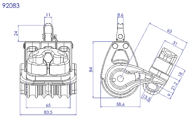 92083 TRIPLE SWIVEL RATCHET WITH CAM AND BECKET , ALUMINUM SHEAVE