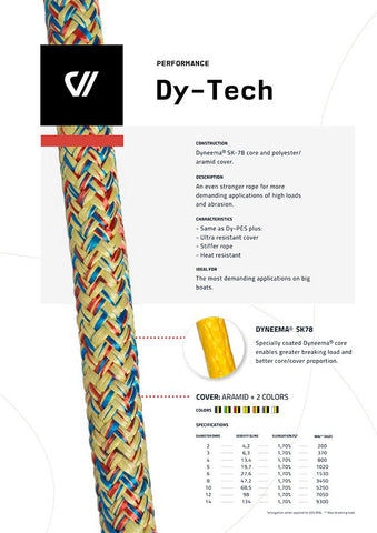 Dy-Tech - Performance Rope Dyneema® registered SK-78 core and  Polyester Aramid cover.