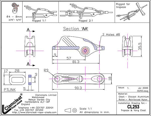 CL253- CLAMCLEAT- Trapeze and Vang - Aluminum | Nautos-usa