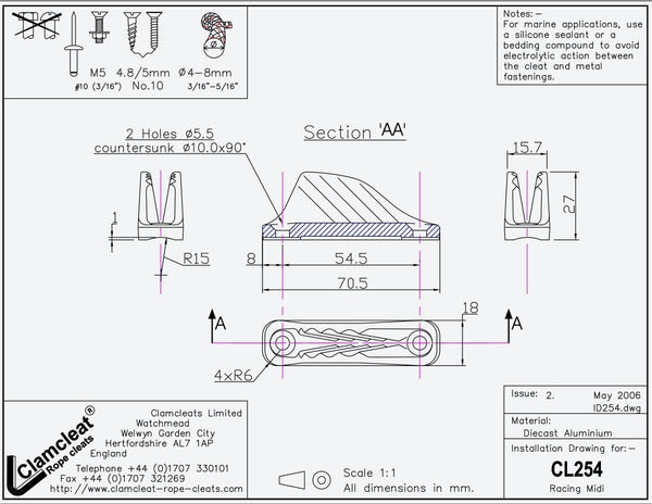 CL254 Racing Midi - ClamCleat - Silver Aluminum | Nautos-usa